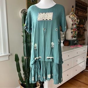 Vintage 90s Papy Boez Dress Hand Painted Embroidered Short Sleeved Layered M/L